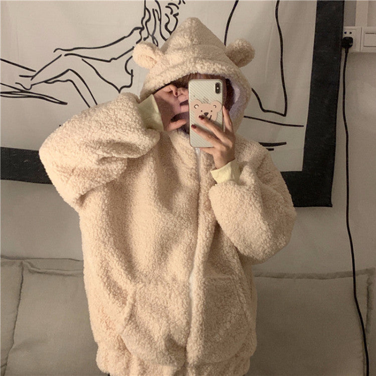 Fluffy women's jacket with hood and ear appliqué