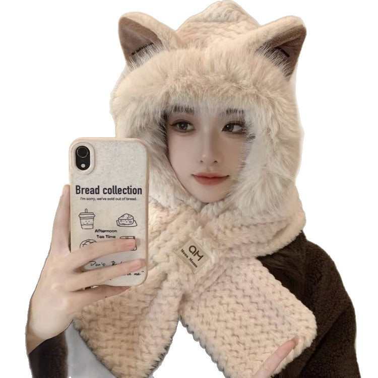 Plush hooded scarf, 2-piece set, lined