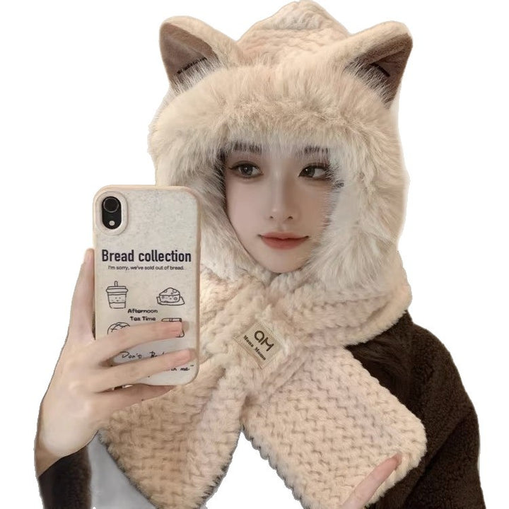 Plush hooded scarf, 2-piece set, lined