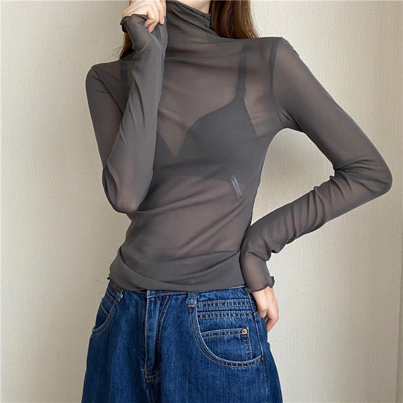 Women's turtleneck top made of lace and mesh fabric