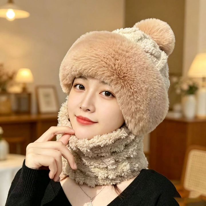 Plush hat with ears and scarf, one size