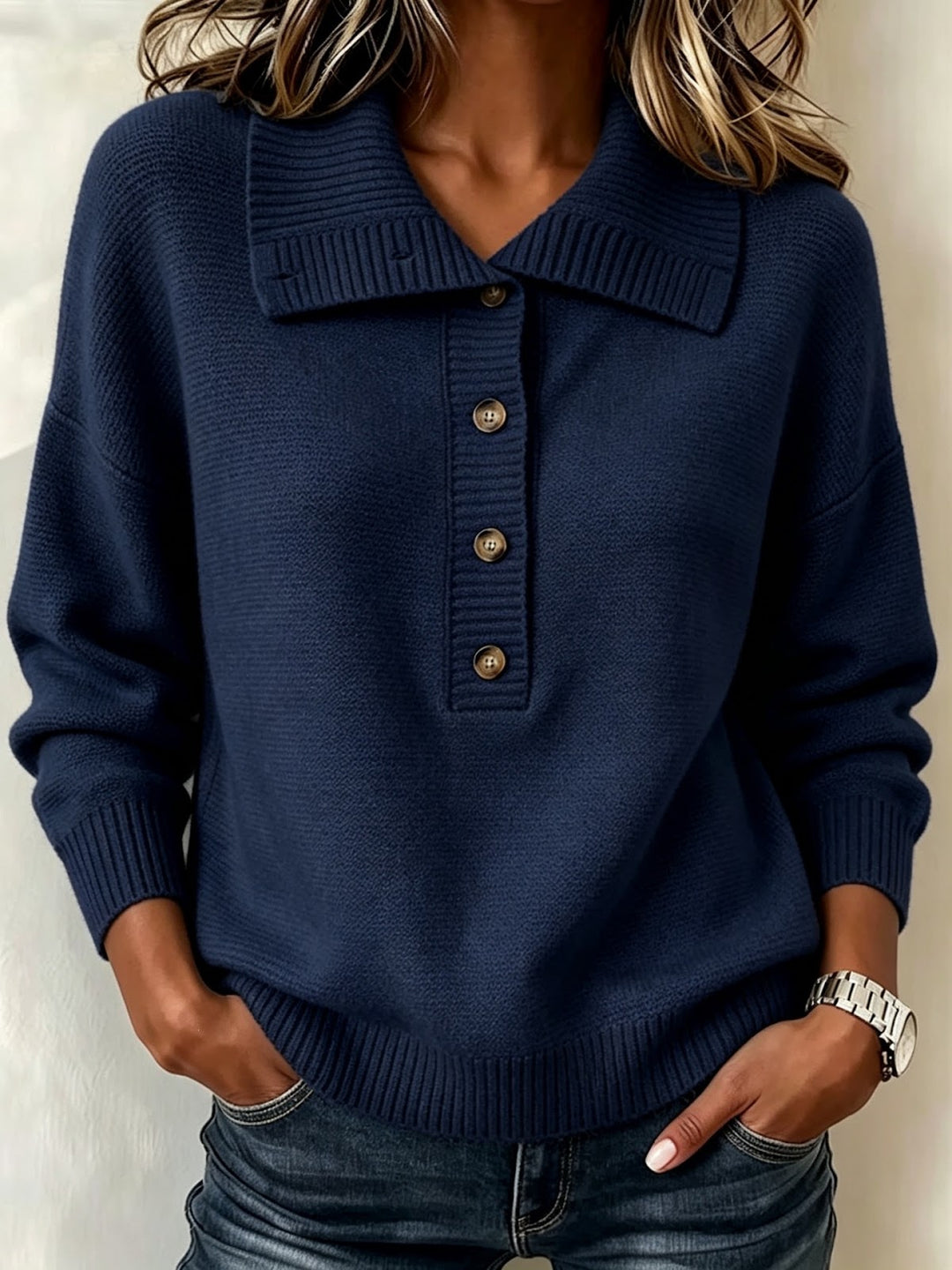 Women's knit sweater with button placket and stand-up collar