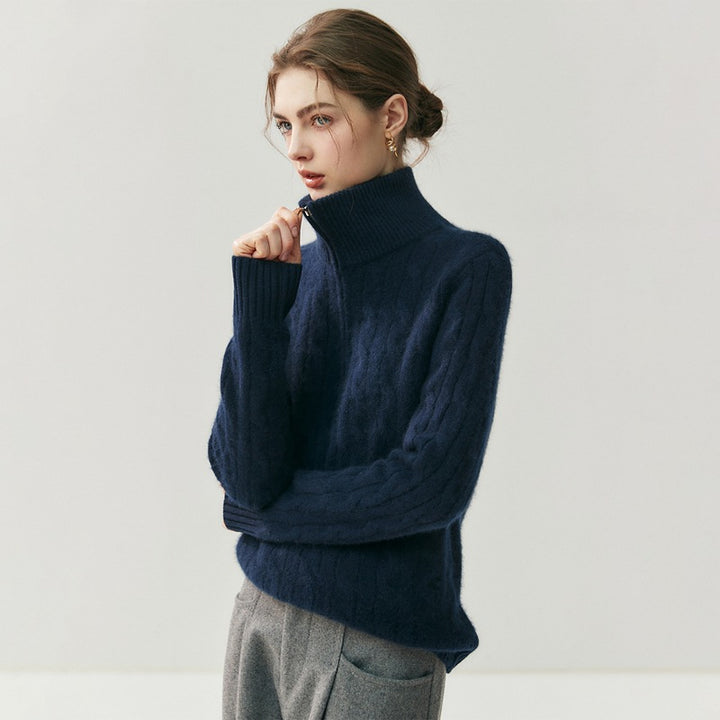 Women's knit sweater with zipper and cable pattern