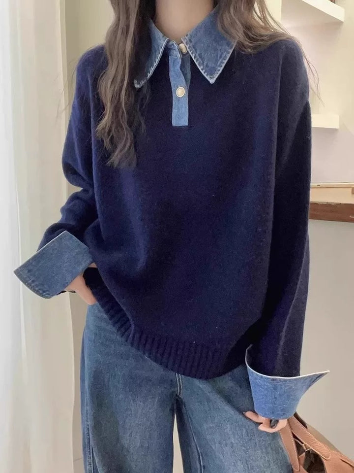 Women's knit sweater with polo collar and denim sleeves