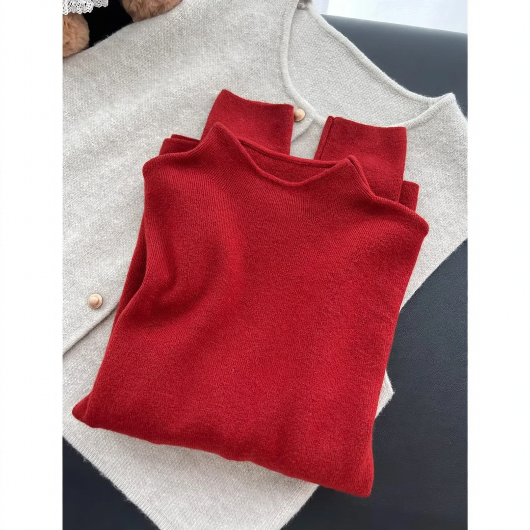 Women's knit sweater with stand-up collar, solid color