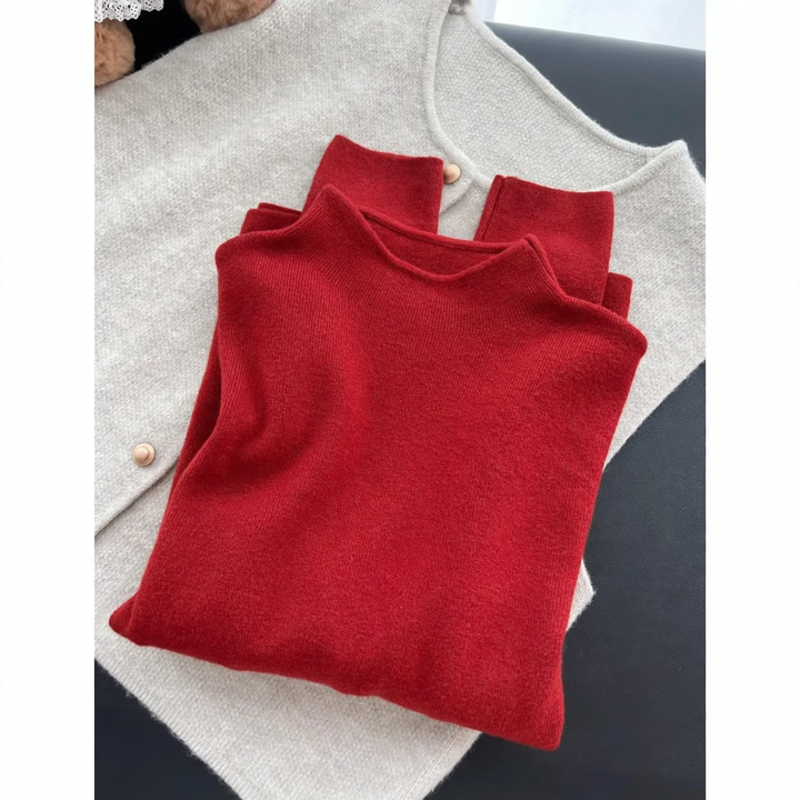 Women's knit sweater with stand-up collar, solid color