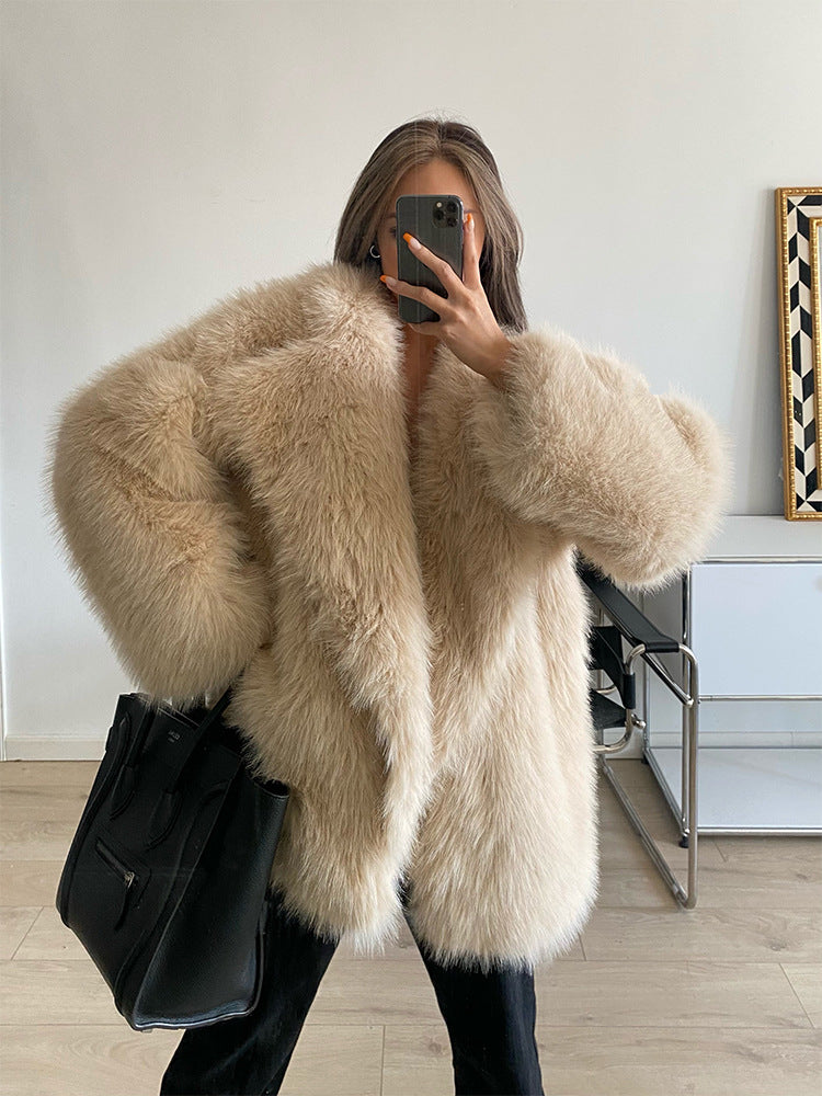 Mid-length faux fur coat with large lapels