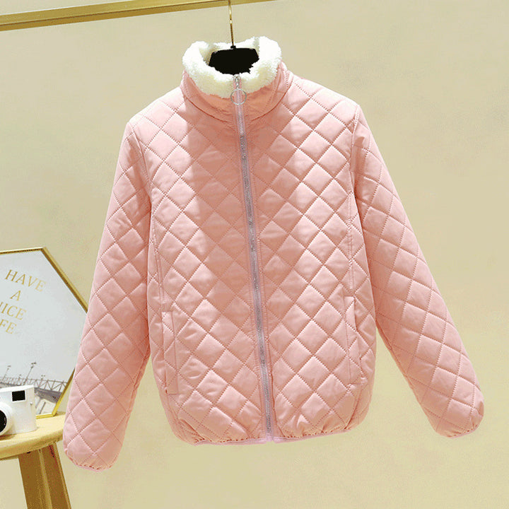 Light women's padded jacket with lambskin look and stand-up collar
