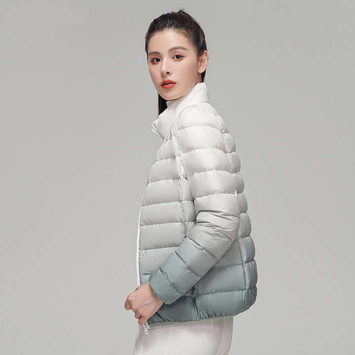 Women's down jacket, short, with stand-up collar and gradient