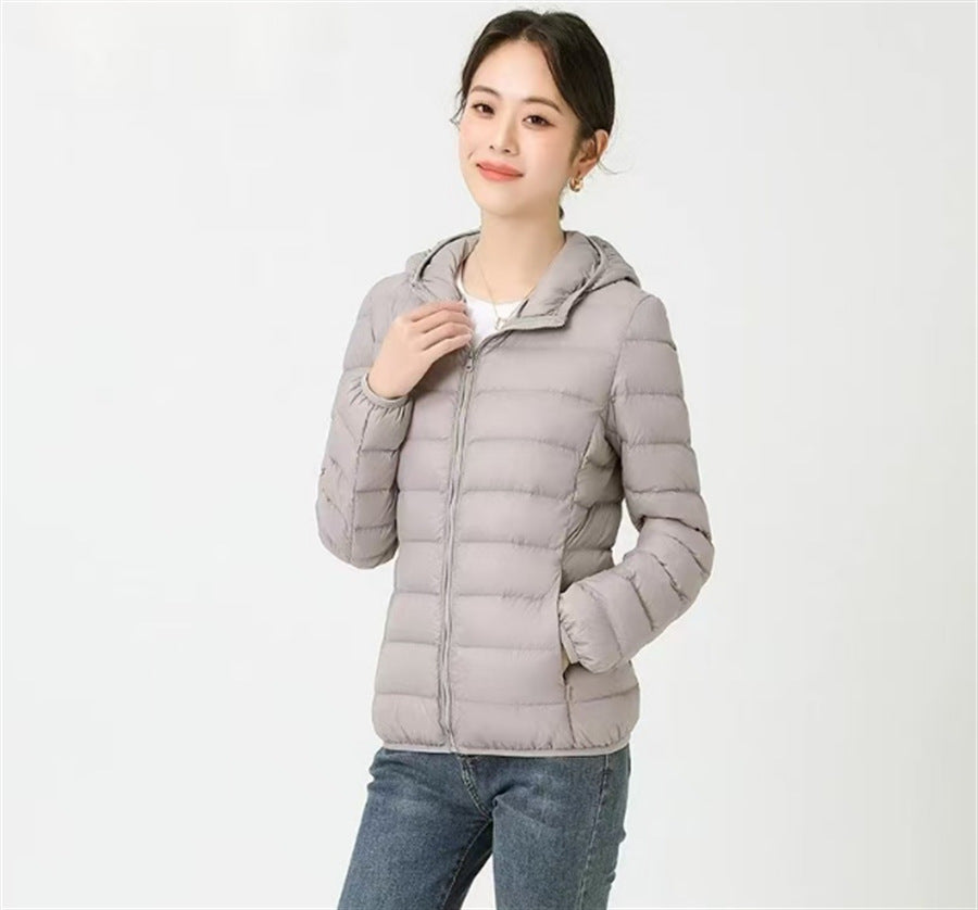 Women's down jacket, short, with hood, lightweight and warm