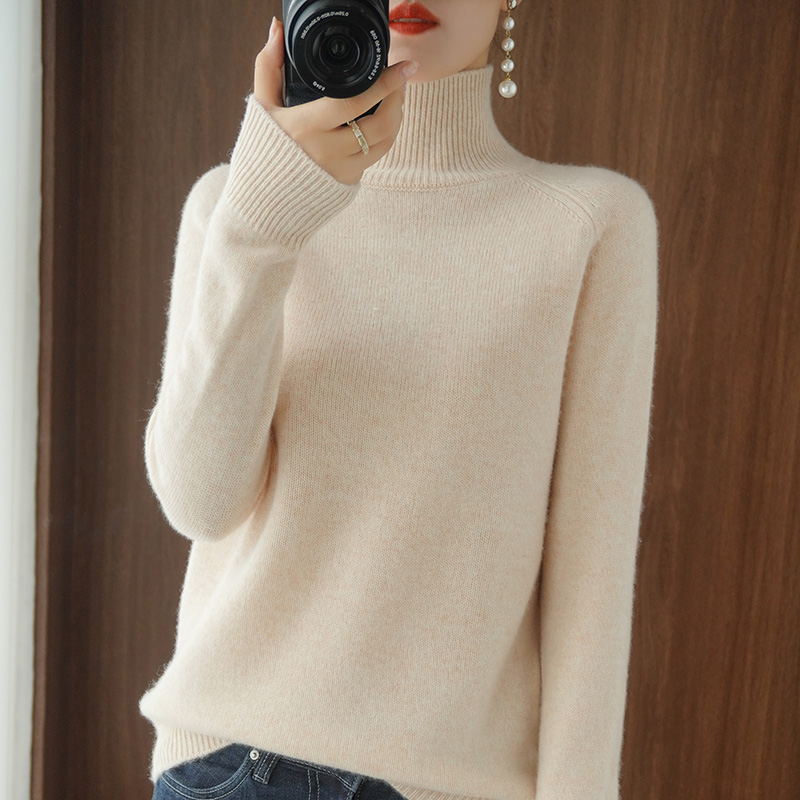 Women's knitted sweater, high collar, solid color, loose