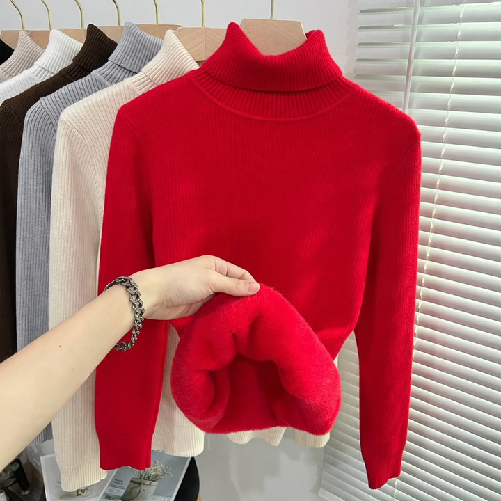 Ribbed women's turtleneck sweater, lined