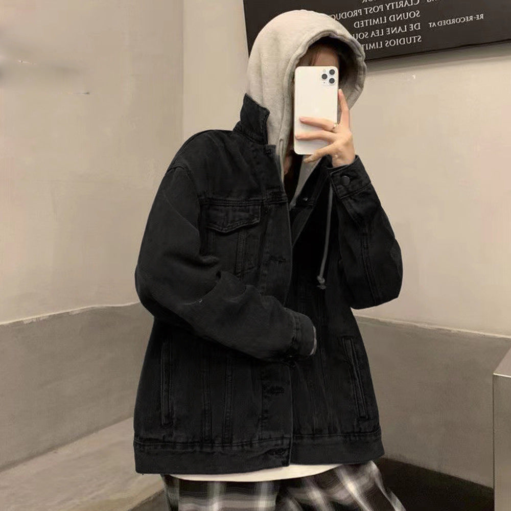 Padded women's denim jacket with detachable hood