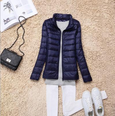 Short women's down jacket, white duck down lining, stand collar