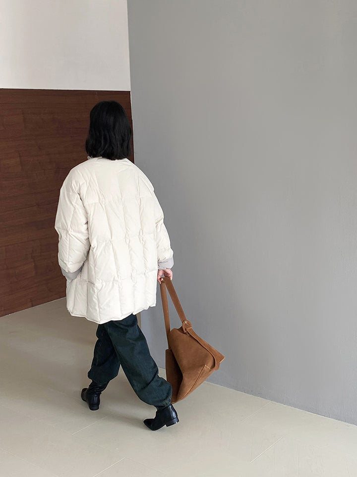 Reversible down jacket with stand-up collar