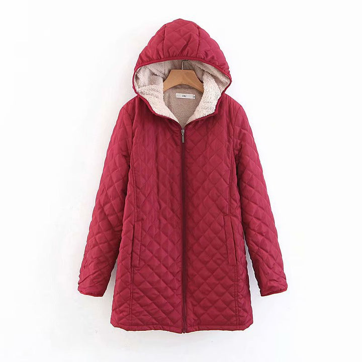 Women's quilted coat with hood and lambskin look