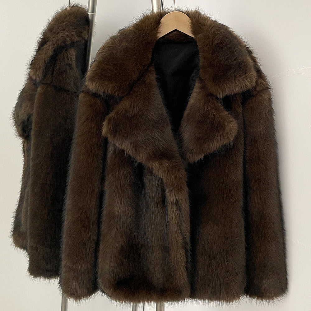 Women's Faux Fur Coat with Lapel Collar, Mid-Length