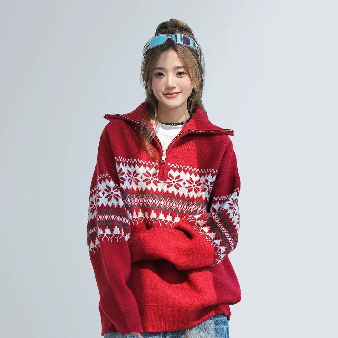 Women's Knit Sweater with Zipper and Collar