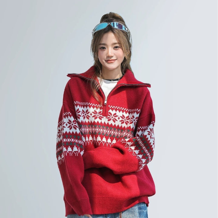 Women's Knit Sweater with Zipper and Collar