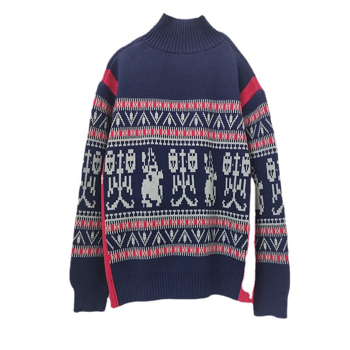 Unisex knit sweater with geometric pattern, stand collar