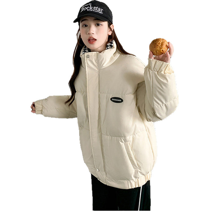 Loose, padded winter jacket with stand-up collar