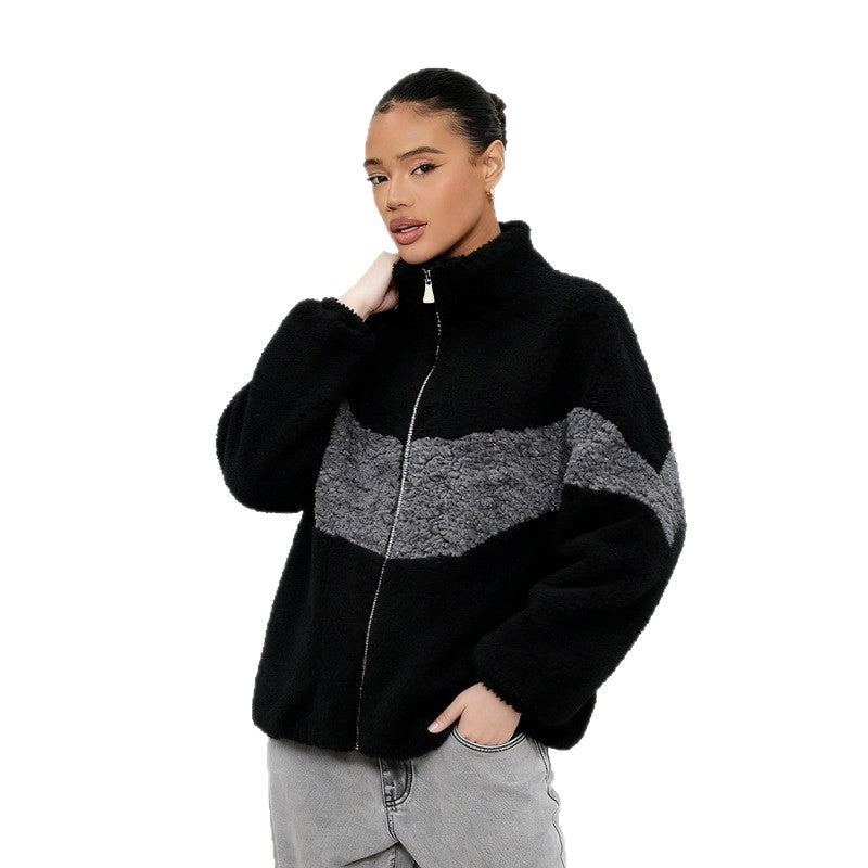 Women's coat with zipper, lambskin look, two-color