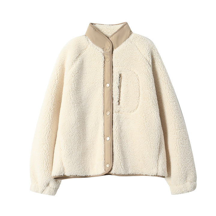 Padded fleece jacket with lambskin look and stand-up collar