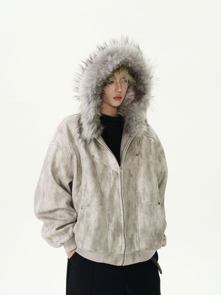 Padded men's winter jacket with hood and faux fur collar