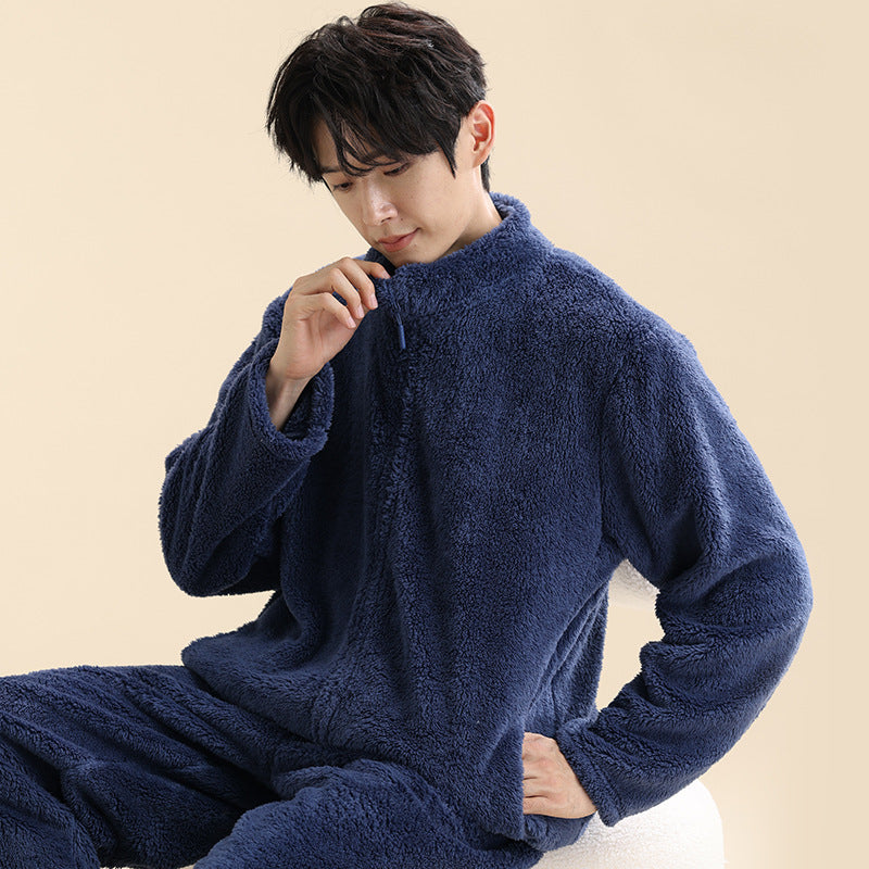 Men's pajama set made of coral fleece, lined, with zipper