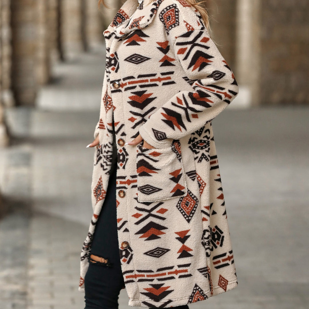 Women's coat with ethnic print, long, buttoned