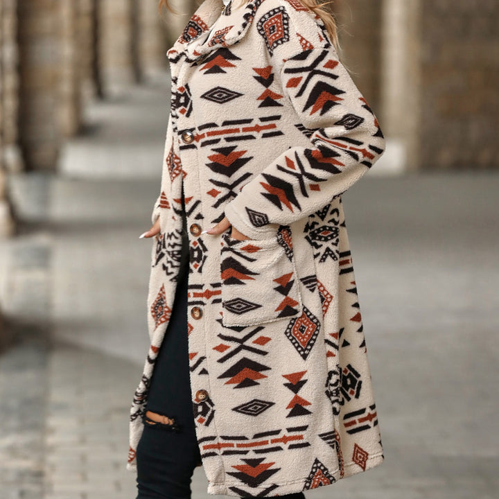 Women's coat with ethnic print, long, buttoned