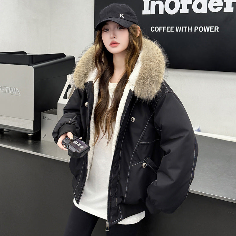 Short women's winter jacket in American style with faux fur