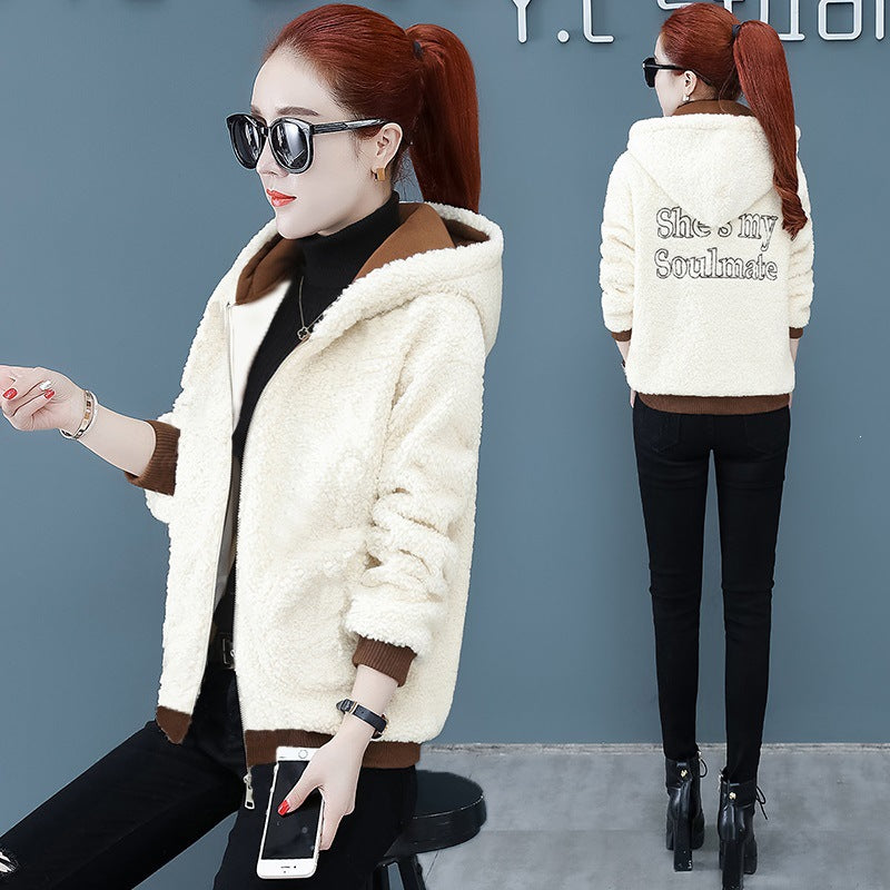 Lamb fleece coat, hood, padded