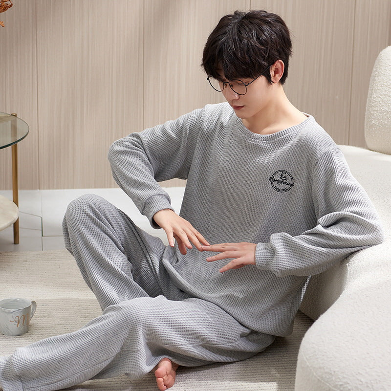 Waffle structure men's pajamas set, long-sleeved