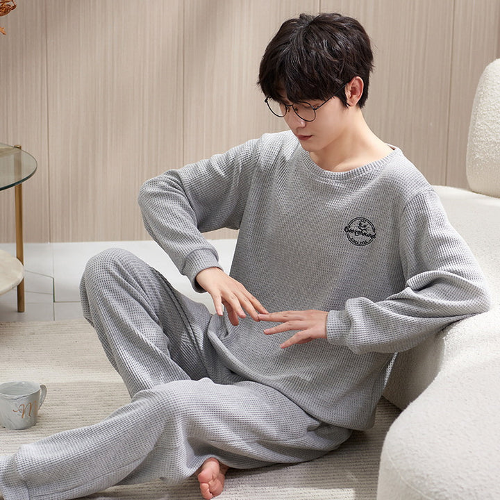 Waffle structure men's pajamas set, long-sleeved