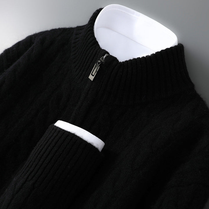 Men's wool sweater, 100% wool, zipper, cable pattern