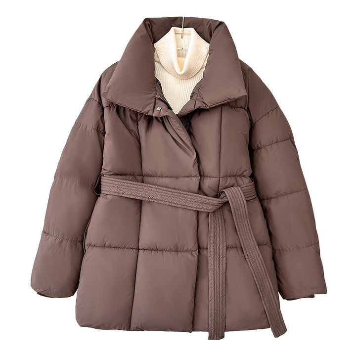 Mid-length women's winter jacket with waist belt
