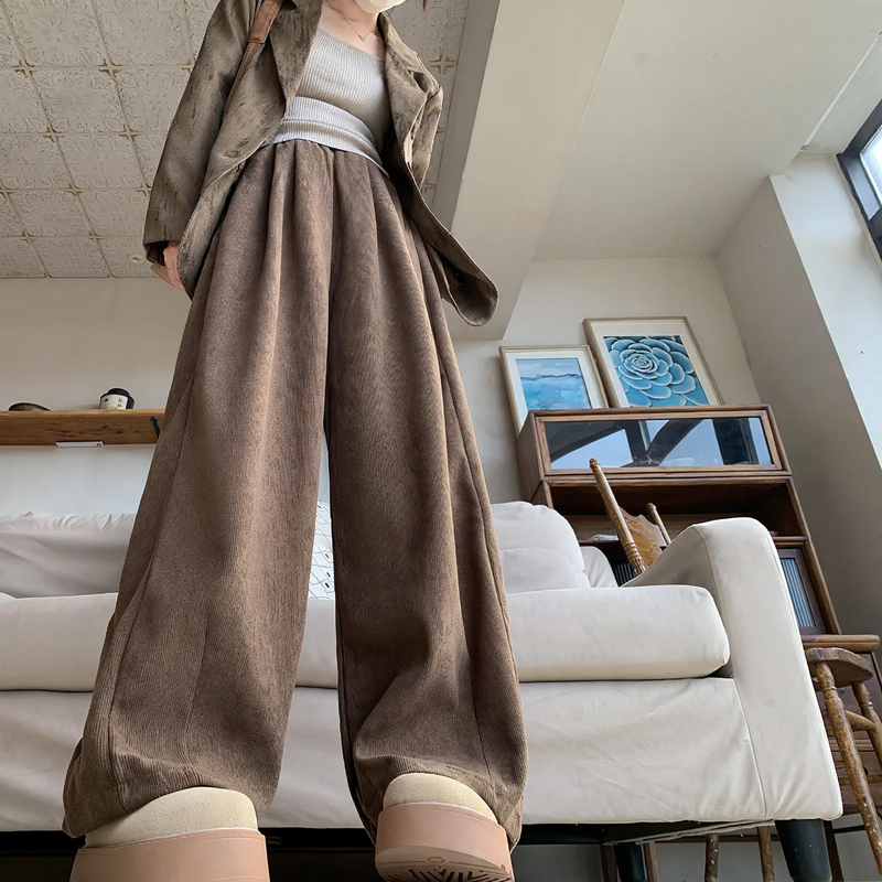 Women's corduroy pants, lined, wide cut, brown