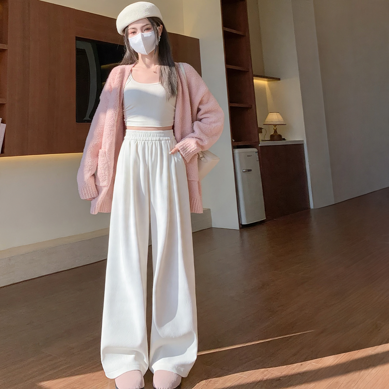 Padded corduroy knitted trousers with high waist