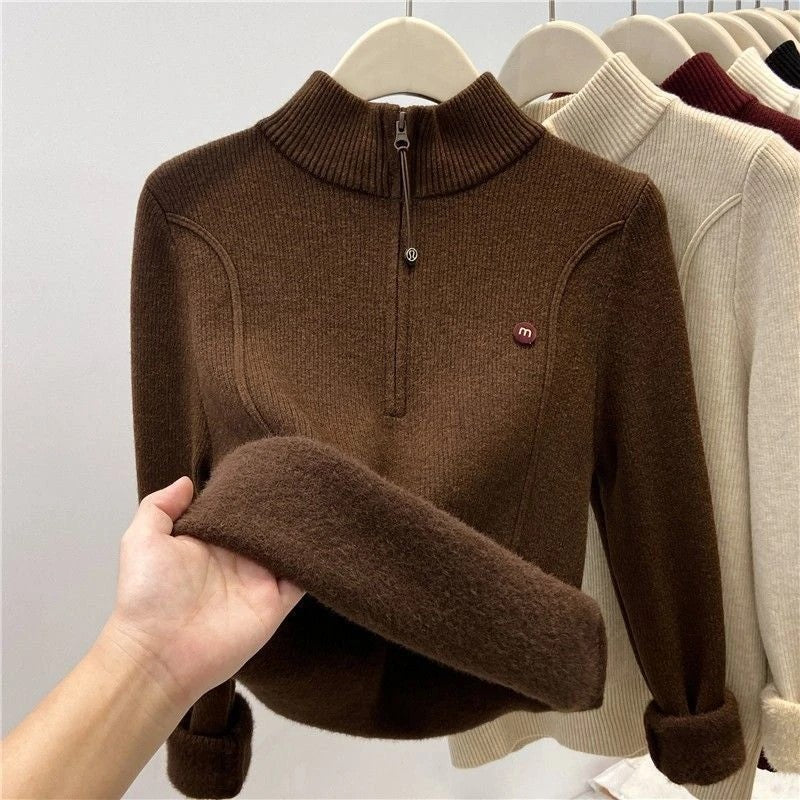 Women's knitted sweater with zipper and stand-up collar