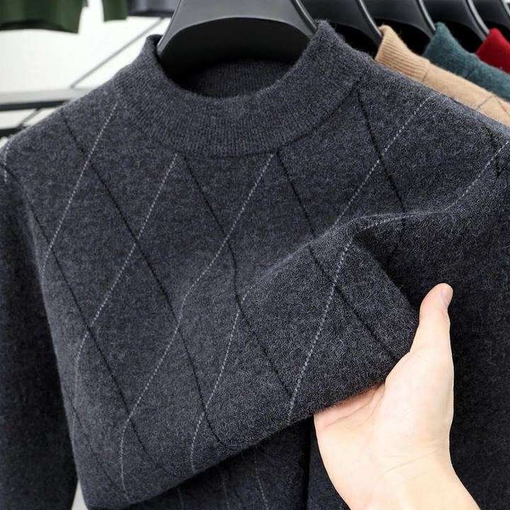 Men's wool sweater, checkered, stand collar, extra warm