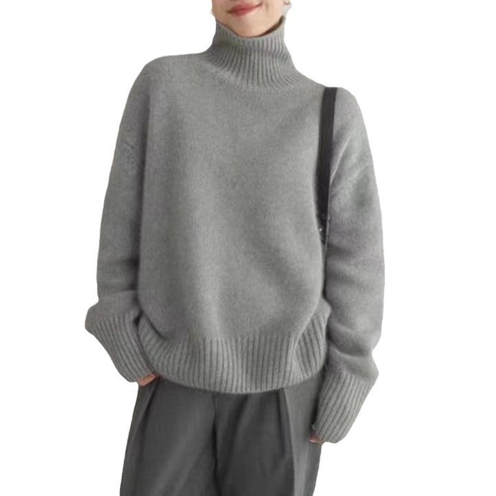 Women's wool sweater, high collar, loose fit