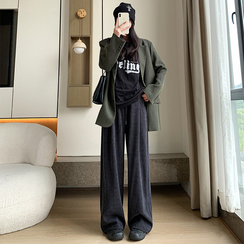 Women's corduroy pants with drawstring and high waistband