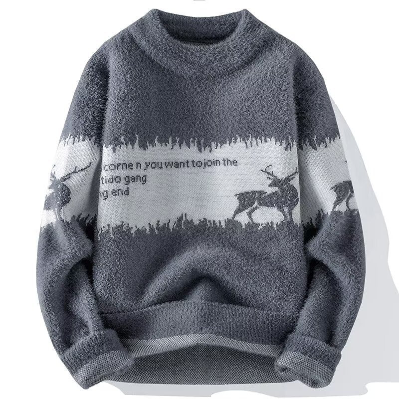 Men's knitted sweater with reindeer motif and stand-up collar