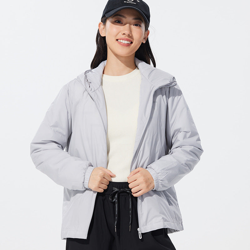 Light women's down jacket, white duck down, hood