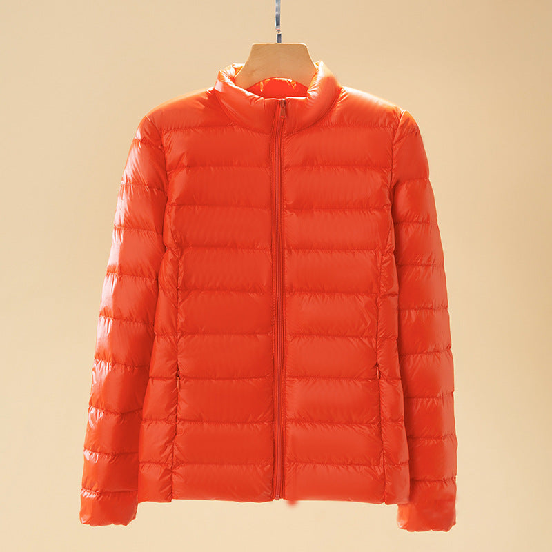 Short women's down jacket with stand-up collar