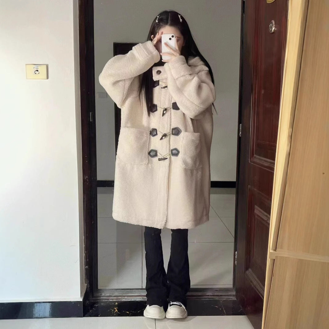 Ladies coat with lambskin imitation and toggle buttons