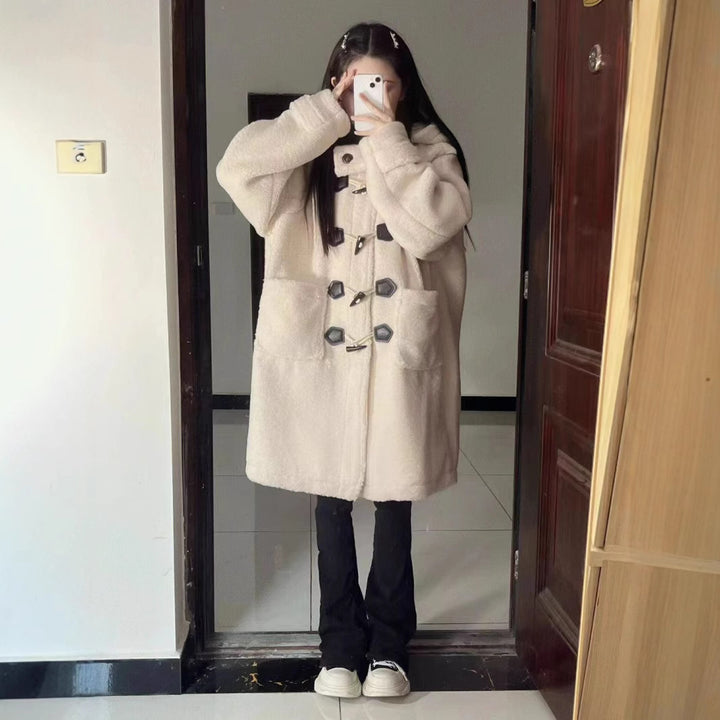 Ladies coat with lambskin imitation and toggle buttons