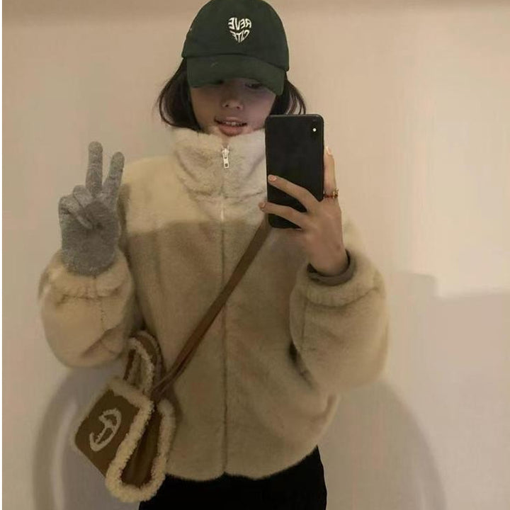 Compact lamb fleece imitation coat with zipper
