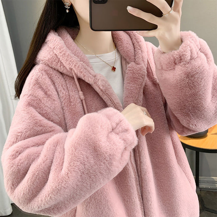 Lammfleece Coat with Hood, Mid-length